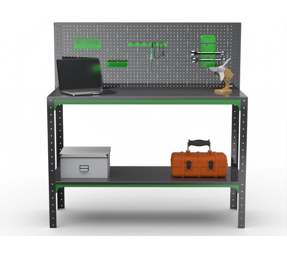 Стол-верстак ООО Металекс серия KIT 950х1600х600 мм, одна полка + перфопанель с комплектом аксессуаров, серо-зеленый 204160