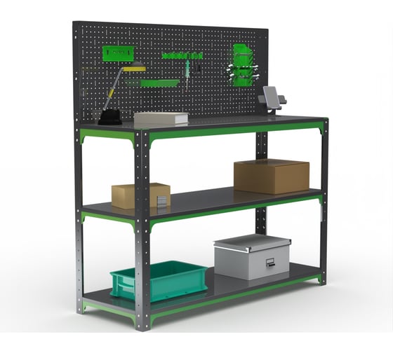 Стол-верстак ООО Металекс серия KIT 950х1500х500 мм, две полки + перфопанель с комплектом аксессуаров, серо-зеленый 204177 1