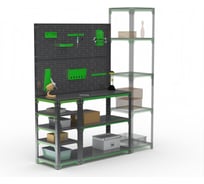 Стол-верстак ООО Металекс KIT 950х1300х500 с боковыми полками, перфопанелью и комплектом освещения, серо-зеленый 204292