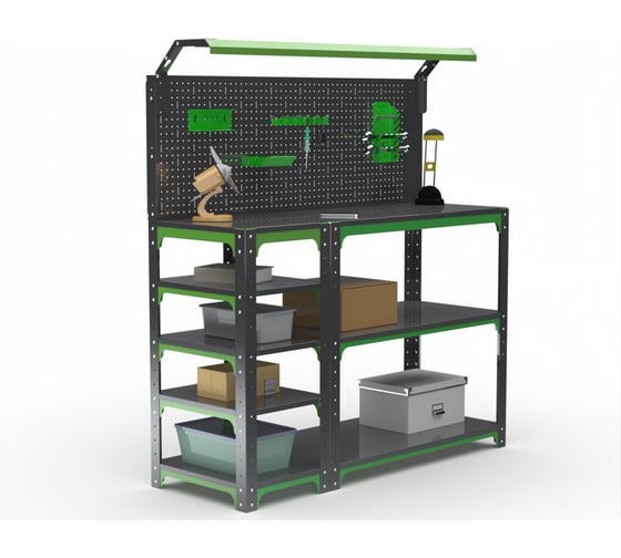 Стол-верстак ООО Металекс KIT 950х1400х600 с боковыми полками, перфопанелью и комплектом освещения, серо-зеленый 204302 1