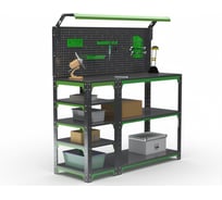 Стол-верстак ООО Металекс KIT 950х1500х600 с боковыми полками, перфопанелью и комплектом освещения, серо-зеленый 204303