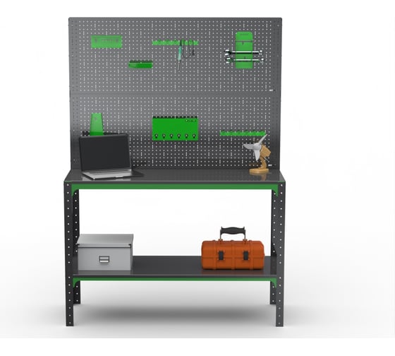 Стол-верстак ООО Металекс серия KIT 950х1800х600, одна полка + двойная перфопанель с комплектом аксессуаров, серо-зеленый 204216