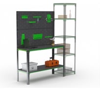 Стол-верстак ООО Металекс серия KIT 950х1400х500, одна полка + двойная перфопанель с комплектом аксессуаров, серо-зеленый 204203