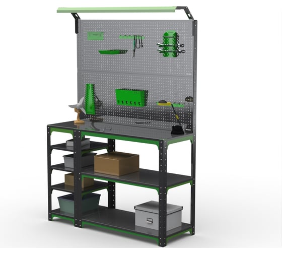 Стол-верстак ООО Металекс KIT 950х1000х500 (с бок. полками, 2-мя панелями и комп. освещения) (серо-зеленый) 204316 1