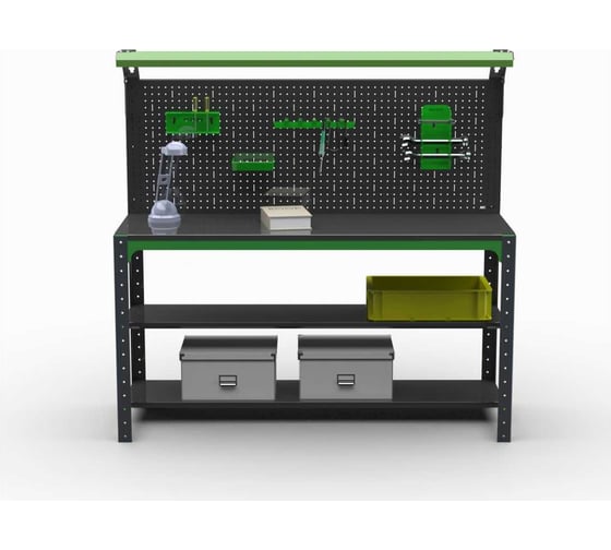Стол-верстак ООО Металекс KIT 950х1300х400 (2-е полки, + перфопанель с комплектом освещения) (серо-зеленый) 204388