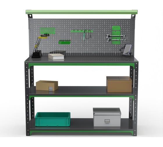 Стол-верстак ООО Металекс KIT 950х1500х600 (2-е полки, + перфопанель с комплектом освещения) (серо-зеленый) 204408