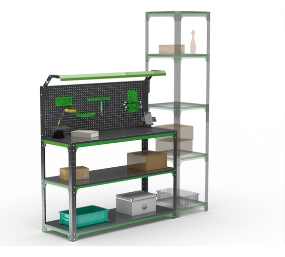 Стол-верстак ООО Металекс KIT 950х1800х500 (2-е полки, + перфопанель с комплектом освещения) (серо-зеленый) 204402