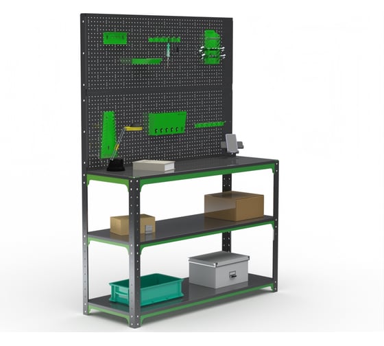 Стол-верстак ООО Металекс серия KIT 950х1000х500 мм, две полки + двойная перфопанель с комплектом аксессуаров, серо-зеленый 204226 1