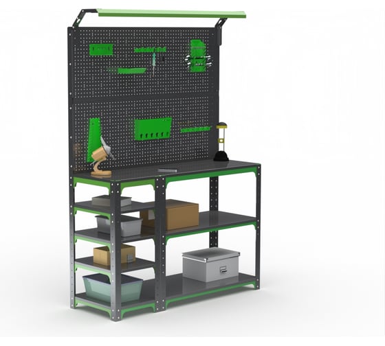 Стол-верстак ООО Металекс KIT 950х1000х400 мм, с боковыми полками, 2-мя панелями и комплектом освещения, серо-зеленый 204307 1