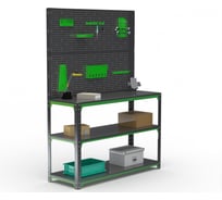 Стол-верстак ООО Металекс серия KIT 950х1100х500 мм, две полки + двойная перфопанель с комплектом аксессуаров, серо-зеленый 204227