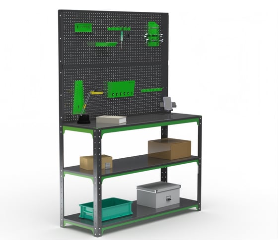 Стол-верстак ООО Металекс серия KIT 950х1700х600 мм, две полки + двойная перфопанель с комплектом аксессуаров, серо-зеленый 204242 1