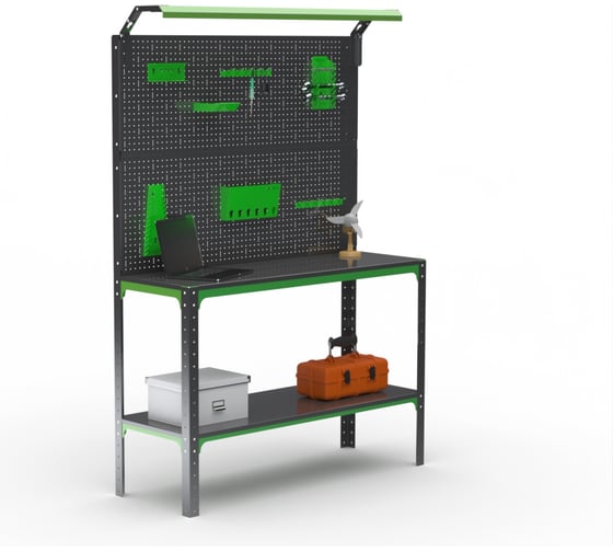 Стол-верстак ООО Металекс KIT 950х1700х600 мм, одна полка + двойная перфопанель с комплектом освещения, серо-зеленый 204437 1