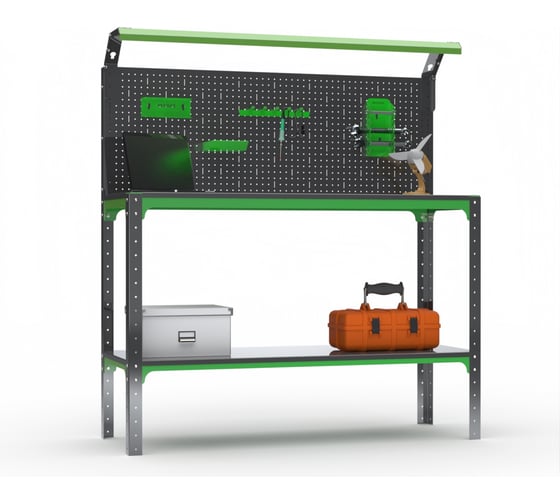 Стол-верстак ООО Металекс KIT 950х1600х500 (одна полка + перфопанель с комплектом освещения) (серо-зеленый) / 204454