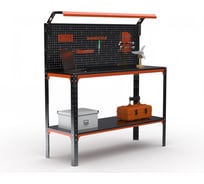 Стол-верстак ООО Металекс серия KIT 950х1300х400, одна полка, перфопанель с комплектом освещения, оранжево-чёрный 204907