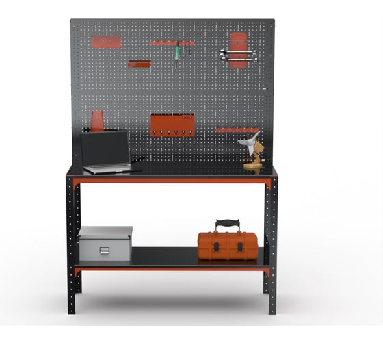 Стол-верстак ООО Металекс серия KIT 950х1600х600, одна полка, двойная перфопанель с комплектом аксессуаров, оранжево-черный 204679