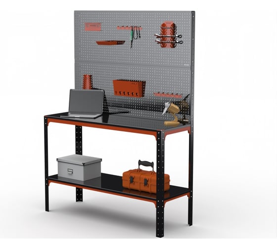 Стол-верстак ООО Металекс серия KIT 950х1700х600, одна полка, двойная перфопанель с комплектом аксессуаров, оранжево-черный 204680