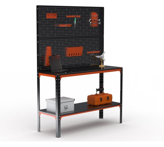 Стол-верстак ООО Металекс серия KIT 950х1700х600, одна полка, двойная перфопанель с комплектом аксессуаров, оранжево-черный 204680