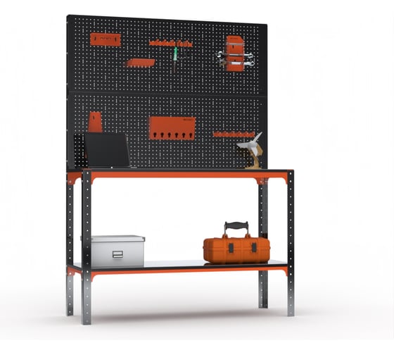 Стол-верстак ООО Металекс серия KIT 950х1700х600, одна полка, двойная перфопанель с комплектом аксессуаров, оранжево-черный 204680