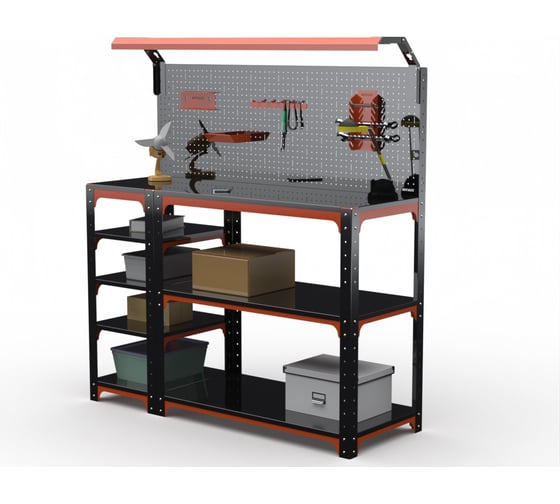 Стол-верстак ООО Металекс серия KIT 950х1500х400, с боковыми полками, перфопанелью и комплектом освещения, оранжево-черный 204750