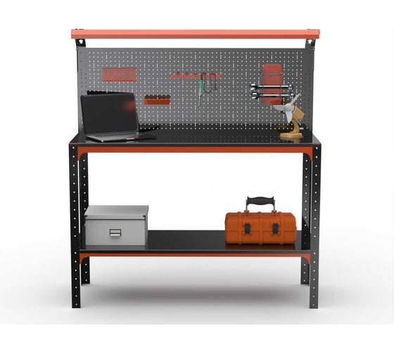 Стол-верстак ООО Металекс серия KIT 950х1500х600, одна полка, перфопанель с комплектом освещения, оранжево-чёрный 204927 1