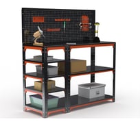 Стол-верстак ООО Металекс серия KIT 950х1600х400 мм, с боковыми полками, перфопанелью и комплектом аксессуаров, оранжево-чёрный 204553