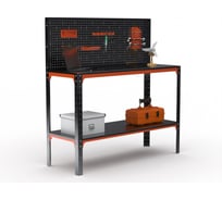 Стол-верстак ООО Металекс серия KIT 950х1400х500 мм, одна полка + перфопанель с комплектом аксессуаров, оранжево-чёрный 204614