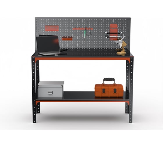Стол-верстак ООО Металекс серия KIT 950х1200х500 мм, одна полка + перфопанель с комплектом аксессуаров, оранжево-чёрный 204612