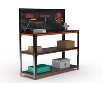 Стол-верстак ООО Металекс серия KIT 950х1400х500 мм, две полки + перфопанель с комплектом аксессуаров, оранжево-чёрный 204641