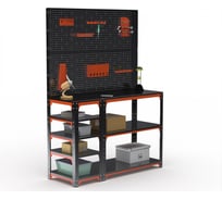 Стол-верстак ООО Металекс KIT 950х1600х600 (с бок. полками, двумя перфопанелями и комп. аксессуаров) (оранжево-чёрный) / 204598