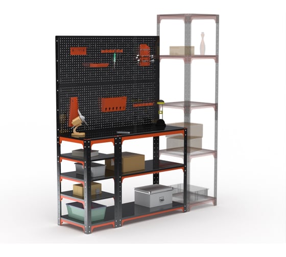 Стол-верстак ООО Металекс KIT 950х1600х500 (с бок. полками, двумя перфопанелями и комп. аксессуаров) (оранжево-чёрный) / 204589