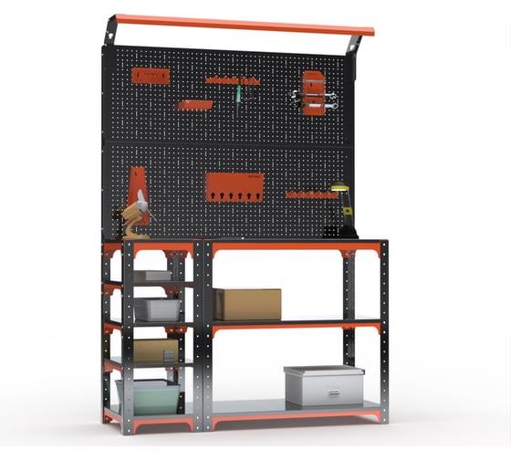 Стол-верстак ООО Металекс KIT 950х1100х400 (с бок. полками, 2-мя панелями и комп. освещения) (оранжево-чёрный) / 204773