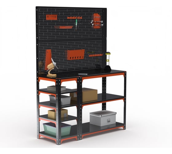 Стол-верстак ООО Металекс KIT 950х1300х500 (с бок. полками, двумя перфопанелями и комп. аксессуаров) (оранжево-чёрный) / 204586
