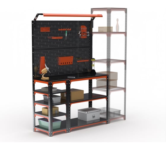Стол-верстак ООО Металекс KIT 950х1600х600 (с бок. полками, 2-мя панелями и комп. освещения) (оранжево-чёрный) / 204796