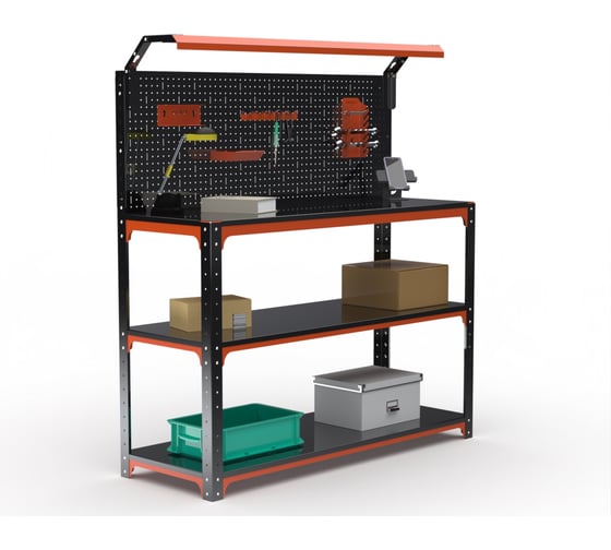 Стол-верстак ООО Металекс KIT 950х1500х600 (2-е полки, + перфопанель с комплектом освещения) (оранжево-чёрный) / 204873 1