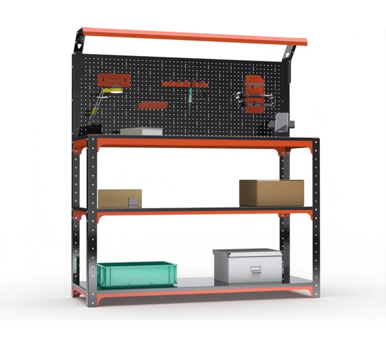 Стол-верстак ООО Металекс KIT 950х1600х600 (2-е полки, + перфопанель с комплектом освещения) (оранжево-чёрный) / 204874