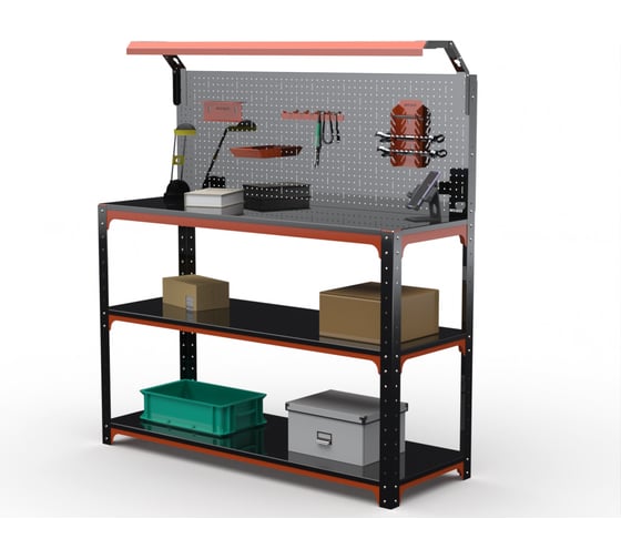 Стол-верстак ООО Металекс KIT 950х1800х600 (2-е полки, + перфопанель с комплектом освещения) (оранжево-чёрный) / 204876