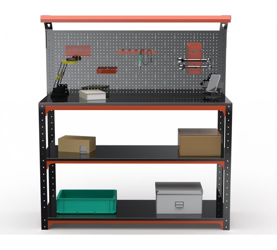Стол-верстак ООО Металекс KIT 950х1800х600 (2-е полки, + перфопанель с комплектом освещения) (оранжево-чёрный) / 204876