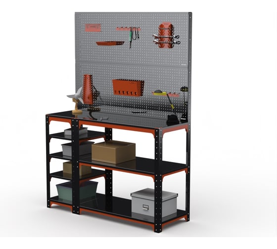 Стол-верстак ООО Металекс KIT 950х1300х600 (с бок. полками, двумя перфопанелями и комп. аксессуаров) (оранжево-чёрный) / 204595