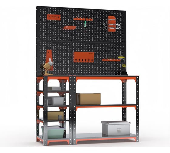 Стол-верстак ООО Металекс KIT 950х1300х600 (с бок. полками, двумя перфопанелями и комп. аксессуаров) (оранжево-чёрный) / 204595
