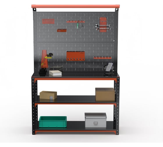 Стол-верстак ООО Металекс KIT 950х1700х600 (2-е полки, двойная перфопанель с комплектом освещения) (оранжево-чёрный) / 204848