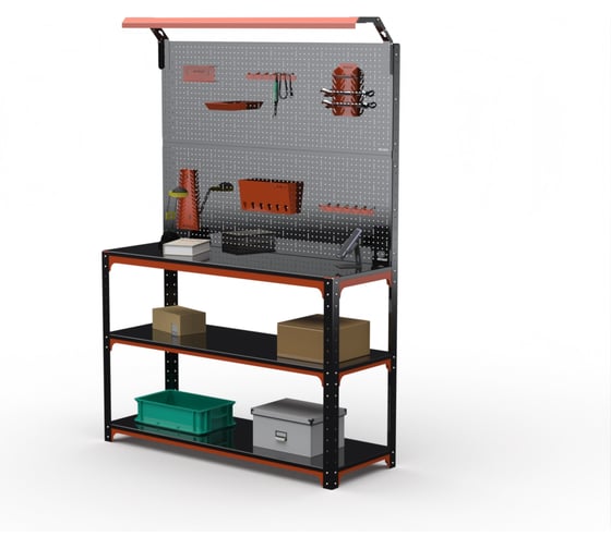 Стол-верстак ООО Металекс KIT 950х1300х600 (2-е полки, двойная перфопанель с комплектом освещения) (оранжево-чёрный) / 204844