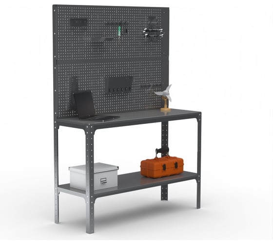 Стол-верстак ООО Металекс Metalex KIT 950х1600х500 мм, одна полка + двойная перфопанель с комплектом аксессуаров, серый 205135