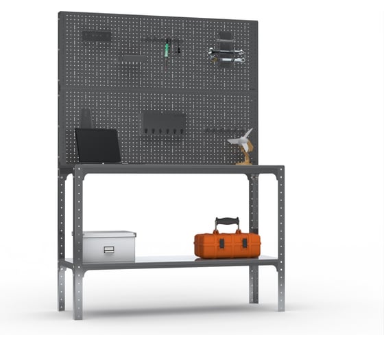 Стол-верстак ООО Металекс Metalex KIT 950х1600х500 мм, одна полка + двойная перфопанель с комплектом аксессуаров, серый 205135
