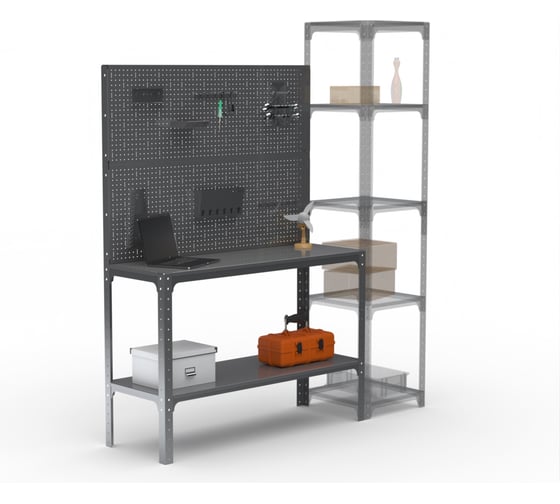 Стол-верстак ООО Металекс Metalex KIT 950х1600х500 мм, одна полка + двойная перфопанель с комплектом аксессуаров, серый 205135