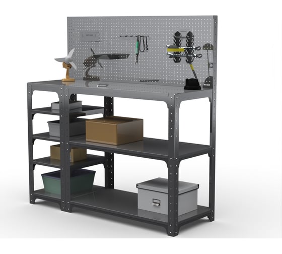 Стол-верстак ООО Металекс Metalex KIT 950х1600х600 мм, с боковыми полками, перфопанелью и комплектом аксессуаров, серый 205036