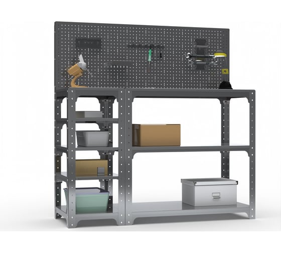 Стол-верстак ООО Металекс Metalex KIT 950х1400х500 мм, с боковыми полками, перфопанелью и комплектом аксессуаров, серый 205025