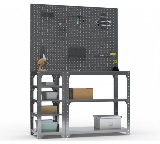 Стол-верстак ООО Металекс Metalex KIT 950х1300х500 мм, с боковыми полками, двумя перфопанелями и комплектом аксессуаров, серый 205051
