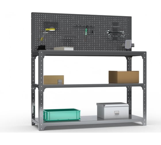 Стол-верстак ООО Металекс Metalex KIT 950х1600х600 мм, две полки + перфопанель с комплектом аксессуаров, серый 205117
