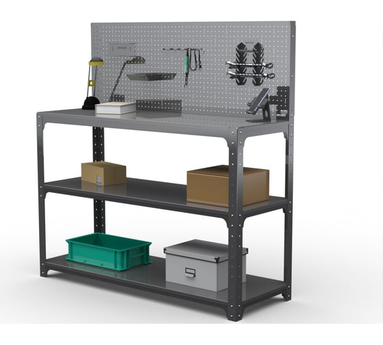 Стол-верстак ООО Металекс Metalex KIT 950х1600х600 мм, две полки + перфопанель с комплектом аксессуаров, серый 205117