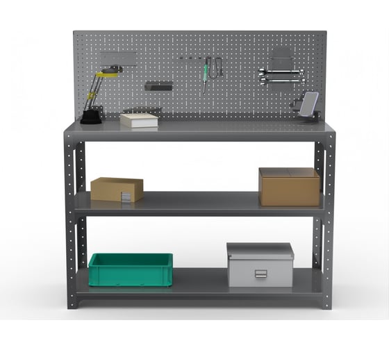 Стол-верстак ООО Металекс Metalex KIT 950х1600х600 мм, две полки + перфопанель с комплектом аксессуаров, серый 205117